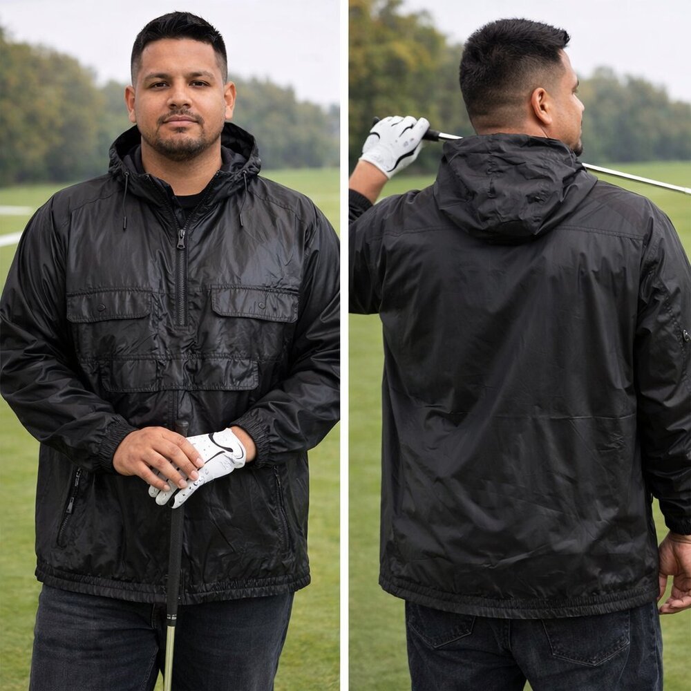 NWT “MG BLACK” 1/2 Zip Athletic Hooded Black Nylon Pullover Golf Jacket XXL NWT
